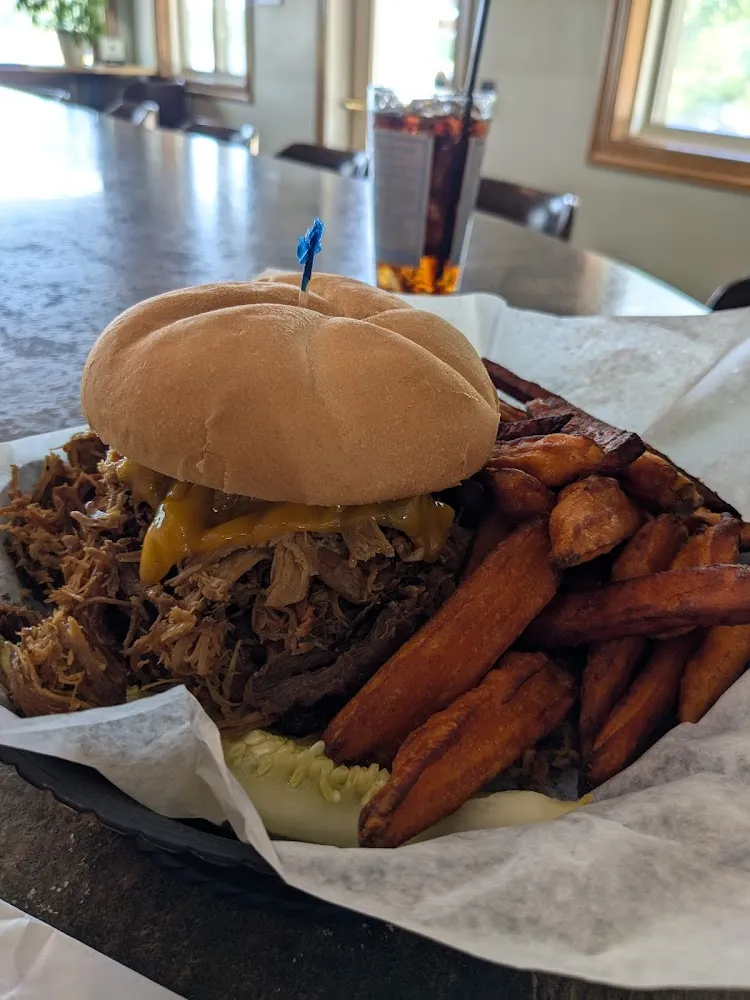 Pecan Wood Smoked Pulled Pork Sandwich with Sweet Potato Fries